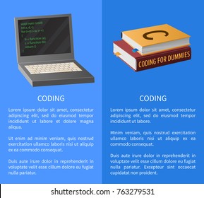 Coding banner with portable computer and thick textbooks for informatics studies vector illustration with place for text. Open laptop with program code on screen.