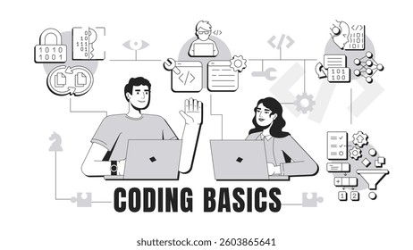 Coding basics banner conceptual illustration. Software development, programming. Artificial intelligence, open source. Abstract idea with stylized characters, outline icons. Monochrome vector
