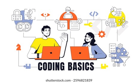 Coding basics concept illustration. Software development, programming. Artificial intelligence, open source. Text banner with flat vector characters, colorful line icons. Visual communication