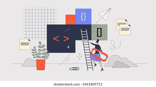 Coding blocks for programming language tiny person neubrutalism concept. Software developer write script for website or application vector illustration. Cyberspace project design development.