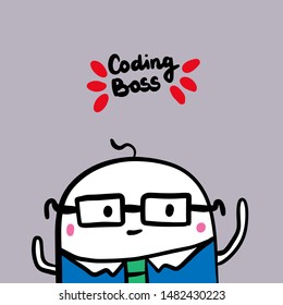 Coding boss hand drawn vector illustration. Man programmer cartoon style grey background