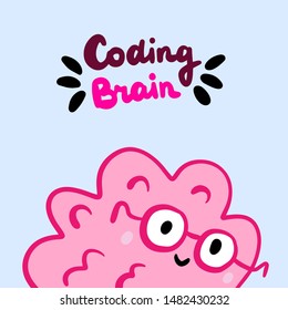 Coding brain hand drawn vector illustration in cartoon style. Cute organ glasses pink purple blue