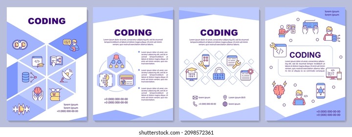 Coding brochure template. Programming career. Booklet print design with linear icons. Vector layouts for presentation, annual reports, ads. Arial-Black, Myriad Pro-Regular fonts used