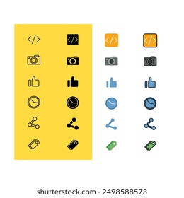 coding, camera, like, clock, share, sale, Web and App Icon Set