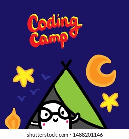 Coding camp hand drawn vector illustration in cartoon style. Man at night lettering blue green yellow orange