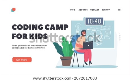 Coding Camp for Kids Landing Page Template. Little Girl with Laptop in Hands near Blackboard with Formulas. Child Education, School Class for Prodigy Kid, Robotics. Cartoon Vector Illustration