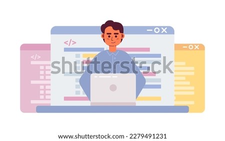 Coding career flat concept vector spot illustration. Programmer. Editable 2D cartoon character on white for web design. Computer software development creative idea for website, mobile, magazine