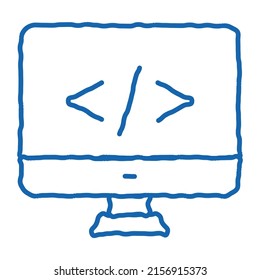 Coding Computer Monitor Sketch Symbol Vektorgrafik. Handgezeichnete blaue Doodline-Kunst, einzelne Symbolgrafik