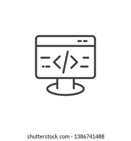 Coding computer page icon. Linear design symbol with thin line and monochrome outline minimal style. Editable stroke.