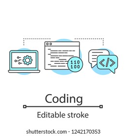 Coding concept icon. Programming. App, software, web development. Computer science idea thin line illustration. Custom coding. Vector isolated outline drawing. Editable stroke