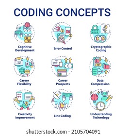 Coding concept icons set. Software developer job and skills. Programming idea thin line color illustrations. Isolated outline drawings. Editable stroke. Roboto-Medium, Myriad Pro-Bold fonts used