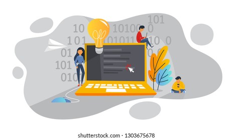 Coding concept. Idea of programming and software development. Application developer. Code writing. Isolated vector illustration in cartoon style