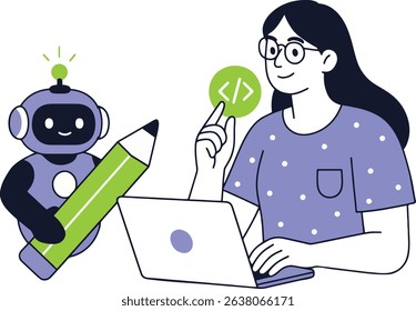 Coding Concept: Woman with Laptop and Robot Vector Illustration.