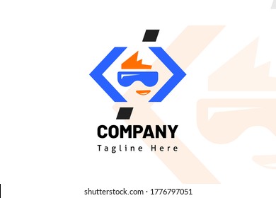 coding with cool boy illustration logo template for developer, website, coding development, lab tech, fin tech, technology