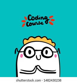 Coding course hand drawn vector illustration in cartoon style man in glasses cute turquoise background