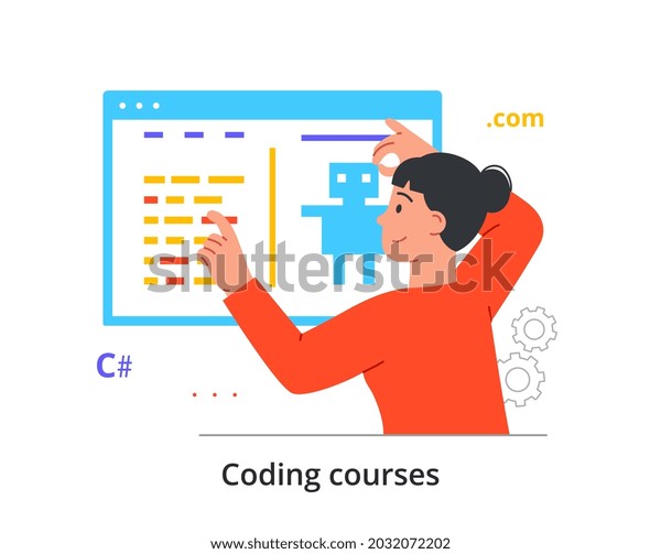 Coding Courses Concept Young Woman Learning Stock Vector (Royalty Free ...