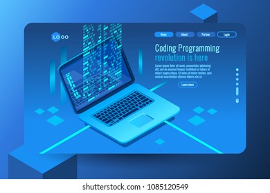 Coding creative program or system process. Isometric pc monitor with code process. Can use for web banner, infographics, hero images. Flat isometric vector illustration isolated on generic background.