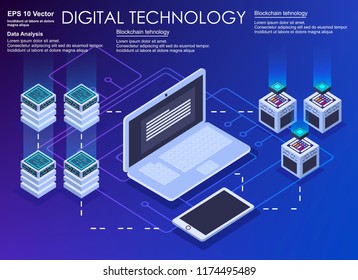 Coding creative program or system process. Software development and programming. Flat isometric illustration. Server room