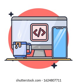 Coding with Desktop and Mobile Phone Premium Icon Vector Illustration
