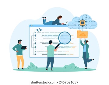 Coding with digital cloud platform, computing. Tiny people study software code with magnifying glass online, developers using web storage system for files and folders cartoon vector illustration