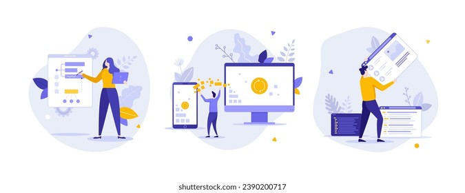 Coding and digital technology flat concept vector illustrations set. Web pages development process cartoon composition. Infrastructure for data synchronization creative idea for website, presentation