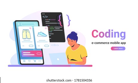 Coding e-commerce mobile app for online store. Flat vector illustration of cute woman sitting with laptop and working with css script and preview on smartphone behind. Application developement process