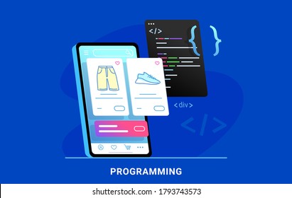 Coding e-commerce mobile app for online store. Flat vector illustration of e-commerce website or app programming css script and preview on smartphone screen behind. Application developement process