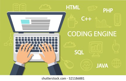 Coding Engine. Developer working at a laptop. Flat style and doodle icons in background, top view. Vector illustration.
