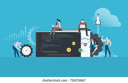 Coding. Flat design people and technology concept for website and app development. Vector illustration for web banner, business presentation, advertising material.