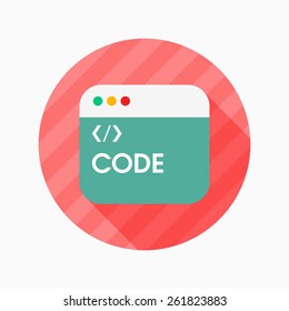 Coding flat icon with long shadow on blue circle background , vector illustration , eps10