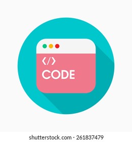 Coding flat icon with long shadow on blue circle background , vector illustration , eps10