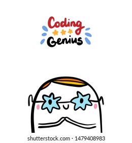 Coding genius hand drawn vector illustration in cartoon style. Programmer in glasses stars minimalism