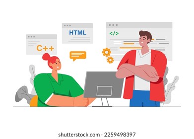 Coding gray concept with people scene in the flat cartoon design. Programmer asks a colleague for advice on the code he has written. Vector illustration.