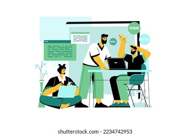 Coding green concept with people scene in the flat cartoon design. Programmers work together on the office and write programming code. Vector illustration.