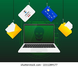 Coding Hacker and Cyber criminals phishing stealing private personal data, user login, password, document, email and credit card. Green code. Vector illustration.