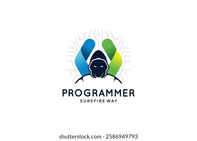 Coding and hacker programming logo design in mysterious jacket