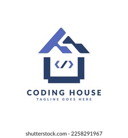 Coding House logo Design with Minimalist House and Digital Coding Element Combination Concept.