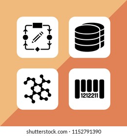 coding icon. 4 coding set with algorithm, bar code, database and molecule vector icons for web and mobile app