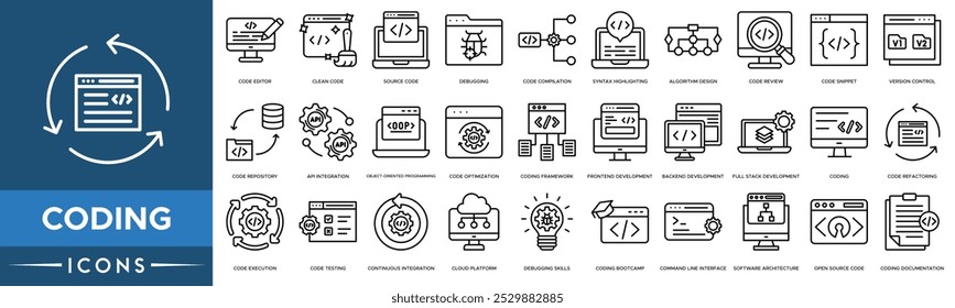 Symbol für Codierung. Code-Editor, Code bereinigen, Quellcode, Debuggen und Codekompilierung