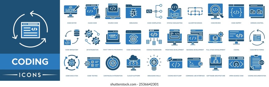 Ícone de codificação. Editor de código, Limpar código, Código-fonte, Depuração e Compilação de código