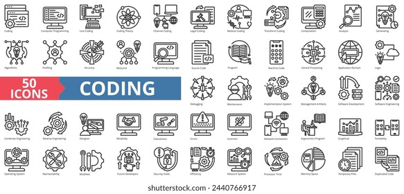 Coding icon collection set. Containing computer programming, line, theory, channel, legal, medical, transform icon. Simple line vector.