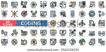 Coding icon collection set. Containing computer programming, line, theory, channel, legal, medical, transform icon. Simple flat outline vector illustration