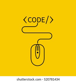 Coding icon. Computer mouse connect to the sign CODE, concept. Programming logo, app website. Minimal design vector illustration. Network technology. Data encoding.