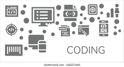 coding icon set. 11 filled coding icons. Included Html, Program, Code, Barcode, Web design, Css, Responsive, Safe box, Coding, Development icons