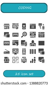 coding icon set. 25 filled coding icons.  Simple modern icons about  - Market, Code, Barcode, Binary code, Responsive, Seo, Html, Coding, Web design, Reader, Scan, Css, QR, Development
