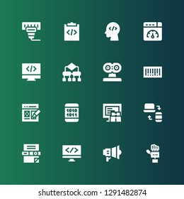 coding icon set. Collection of 16 filled coding icons included Technology, Marketing, Coding, Scanner, Responsive, Code, Binary code, Web design, Barcode, Algorithm, Programming