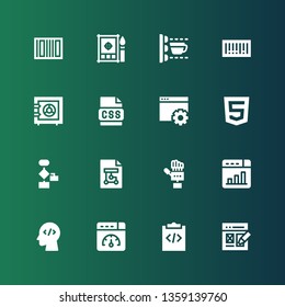 coding icon set. Collection of 16 filled coding icons included Web design, Programming, Web optimization, Coding, Develop, Technology, Wireframe, Algorithm, Html, Css, Safe box