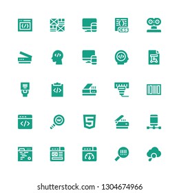 coding icon set. Collection of 25 filled coding icons included Seo, Barcode, Web optimization, Wireframe, Code, Responsive, Scanner, Html, Web development, Programming, Programmer