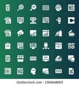 coding icon set. Collection of 36 filled coding icons included Wireframe, Barcode, Responsive, Coding, Web design, Safe box, Scanner, Programming, Market, Binary code, Html, Css