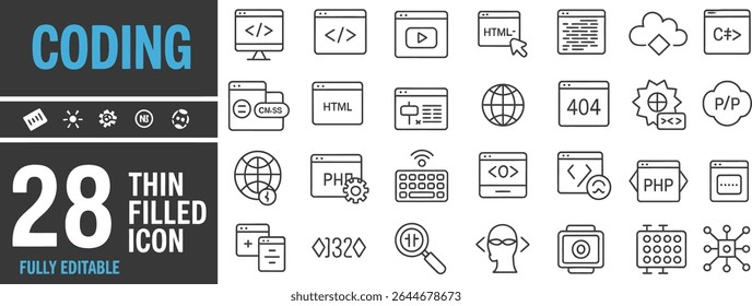 Coding icons depicting programming elements isolated on white background